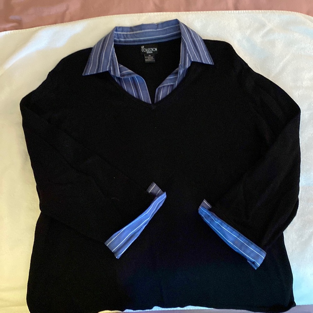NY Collection black sweater with fake blue shirt under